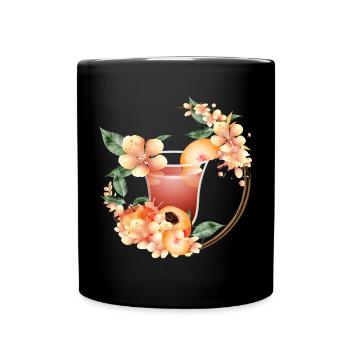 Cocktail avec demi-pêche et couronne de fleurs de pêcher - Mug uni - noir - Devant