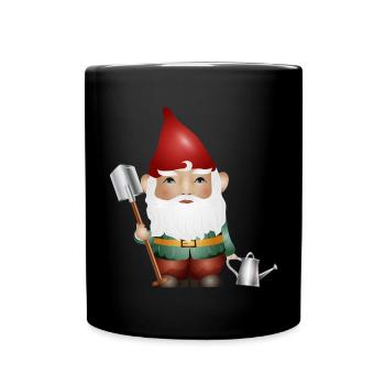 Nain de jardin avec arrosoir et bêche dans le jardin - Mug uni - noir - Devant