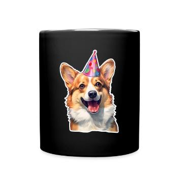 Corgi Party Hat Birthday - Full Colour Mug - black - Front