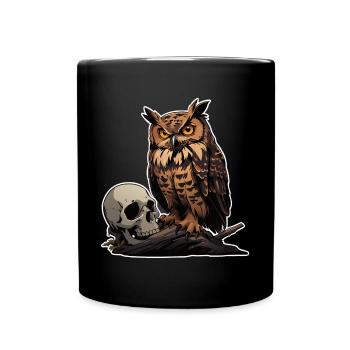 Mystische Eule sitzt auf einem Skull - Tasse einfarbig - Schwarz - Vorne