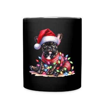 Bulldog with Fairy Lights Santa Hat - Full Colour Mug - black - Front