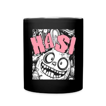 Ausgefallenes Cartoon-Gesicht mit Humor - Tasse einfarbig - Schwarz - Vorne