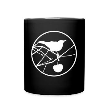 Amsel im Baum | Amsel mit Apfel - Tasse einfarbig - Schwarz - Vorne