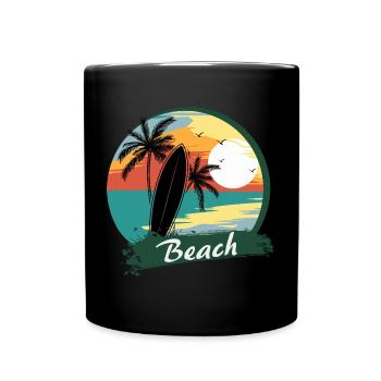 Planche de surf avec palmiers sur la plage - Mug uni - noir - Devant