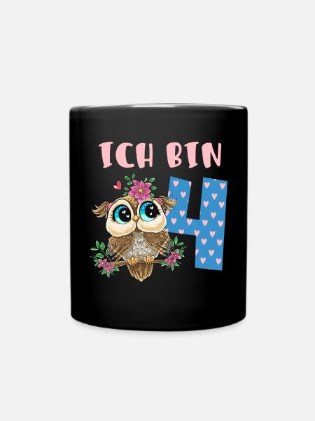 Ich Bin 4 Süße Eule Mit Blumen Mädchen Geburtstag - Tasse einfarbig - Schwarz