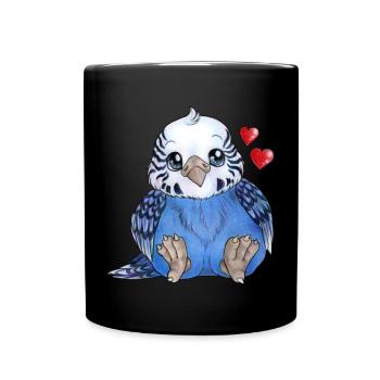Niedlicher Wellensittich Sittich mit Herzchen - Tasse einfarbig - Schwarz - Vorne