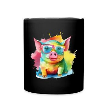 Colorful cool pig with sunglasses - Full Colour Mug - black - Front