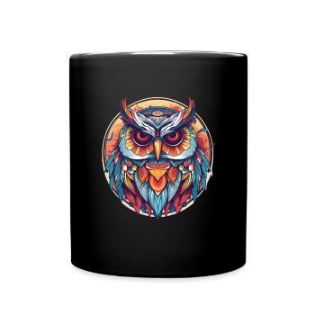 Owl in a circle, colorful, with feathers, geometric - Full Colour Mug - black - Front