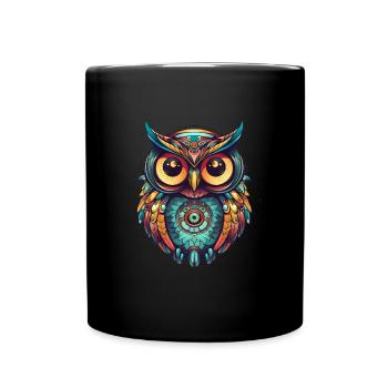 Eule mit Federn, Boho, Cartoon Style, geometrisch - Tasse einfarbig - Schwarz - Vorne