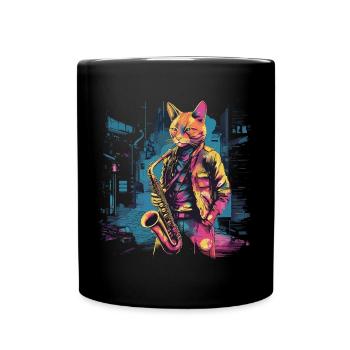 Katze Saxophon Jazz Musiker Saxophonist Swing Miau - Tasse einfarbig - Schwarz - Vorne