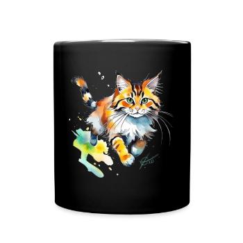 Wasserfarben Katze im Spritz-Look - Tasse einfarbig - Schwarz - Vorne