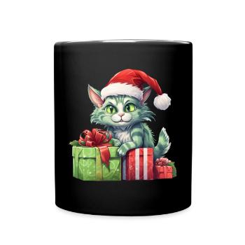 Katze Weihnachten Weihnachtselfe Geschenke Mütze - Tasse einfarbig - Schwarz - Vorne
