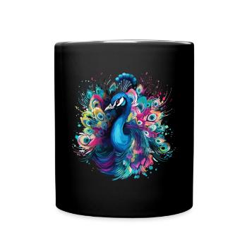 Pfau Pfauenfeder Exotisch Farbenfroh Bunt Kunst - Tasse einfarbig - Schwarz - Vorne