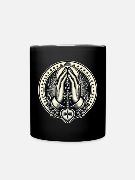 Mains jointes en prière avec chapelet - Mug uni - noir
