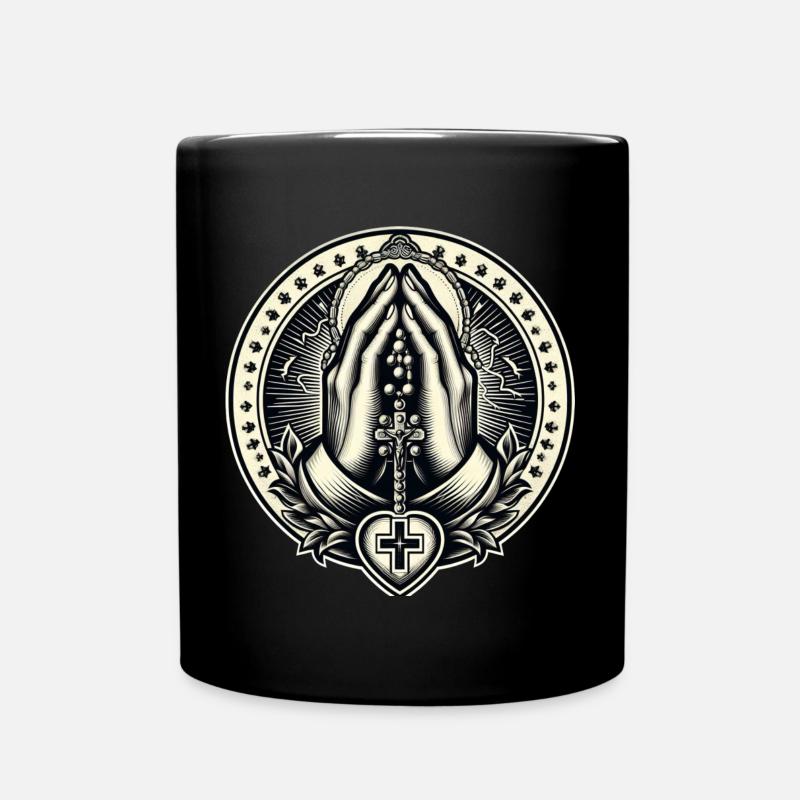 Mains jointes en prière avec chapelet - Mug uni - noir