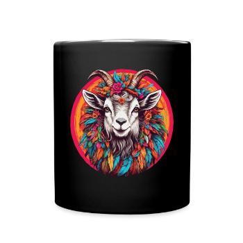 Billy goat with feather headdress and flowers - Full Colour Mug - black - Front
