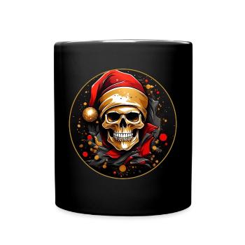 Frohe Weihnacht Skull mit Nikolausmütze - Tasse einfarbig - Schwarz - Vorne