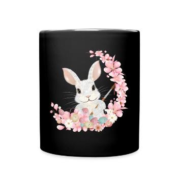 white easter bunny with flowers and brush for easter - Full Colour Mug - black - Front