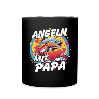 Angeln mit Papa. Buntes Angelmotiv - Tasse einfarbig - Schwarz - Vorne