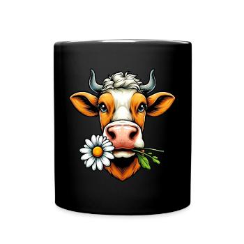 Vache avec une fleur de marguerite dans sa bouche fleurs - Mug uni - noir - Devant