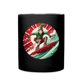 Weihnachtself Beim Surfen - Tasse einfarbig - Schwarz - Vorne