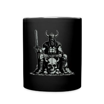 Wikinger mit Schwert und Rabe auf Schädel - Tasse einfarbig - Schwarz - Vorne