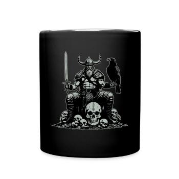 Wikinger mit Schwert und Rabe auf Schädel - Tasse einfarbig - Schwarz - Vorne