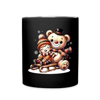 Schlittenfahrt mit Teddy – pure Winterfreude - Tasse einfarbig - Schwarz - Vorne