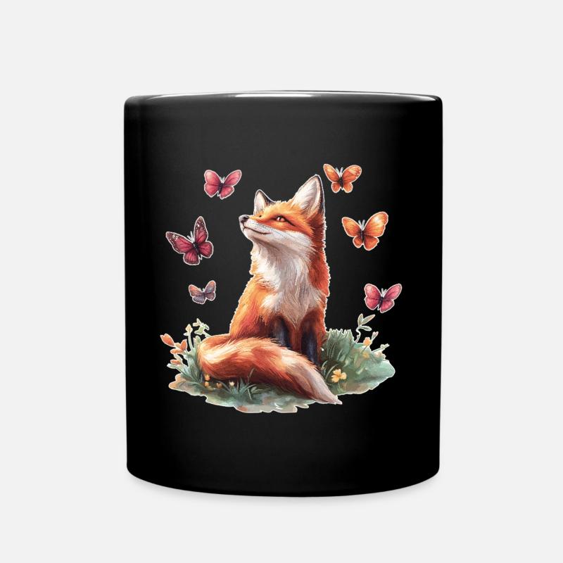 Fuchs mit Schmetterlingen - Tasse einfarbig - Schwarz