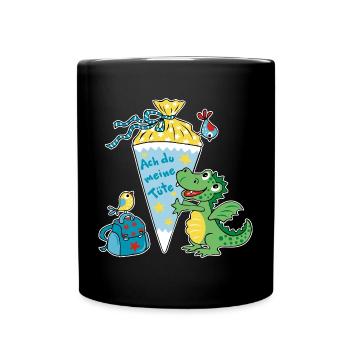 Schulkind Drache. Ach du meine Tüte! - Tasse einfarbig - Schwarz - Vorne
