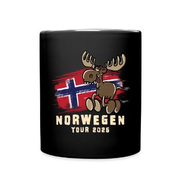 Norwegen Tour 2026 mit lustigem Elch - Tasse einfarbig - Schwarz - Vorne