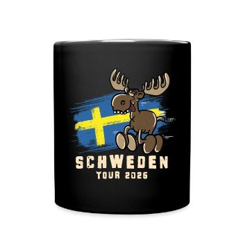 Schweden Tour 2026 – Flagge & lustiger Elch - Tasse einfarbig - Schwarz - Vorne