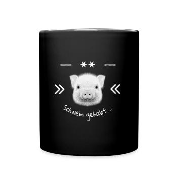 Schweinekopf , Schweine Shirt - Schwein gehabt - Tasse einfarbig - Schwarz - Vorne