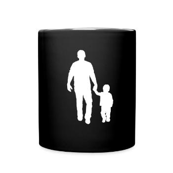 Father kid go for a walk hand in hand with gift - Full Colour Mug - black - Front