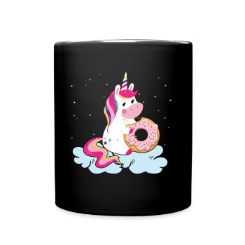 Little unicorn gleefully eats a donut - Full Colour Mug - black - Front