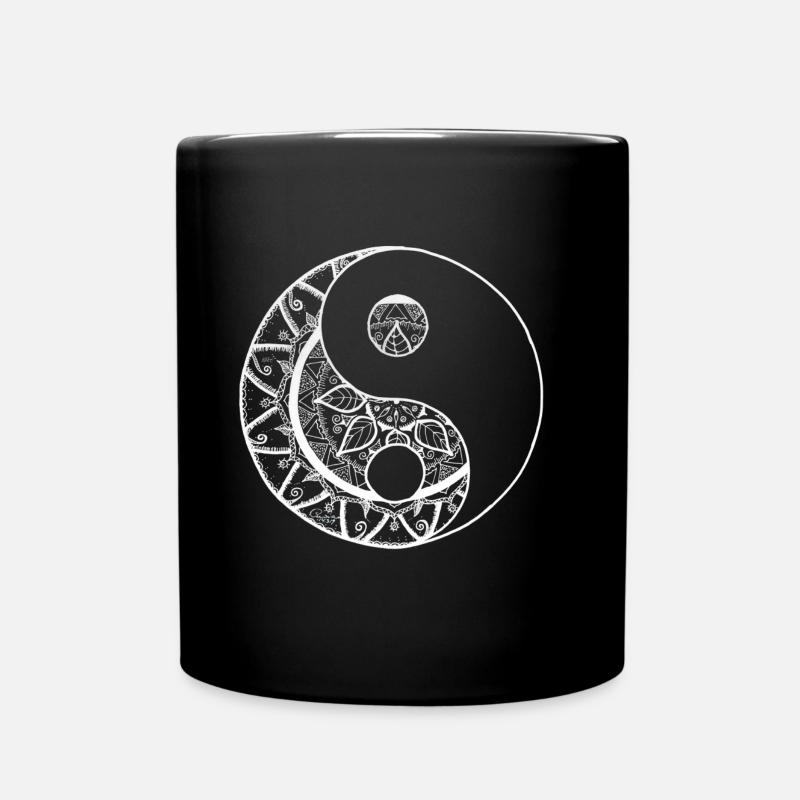 Mandala yin yang in weiss handgemalt - Tasse einfarbig - Schwarz