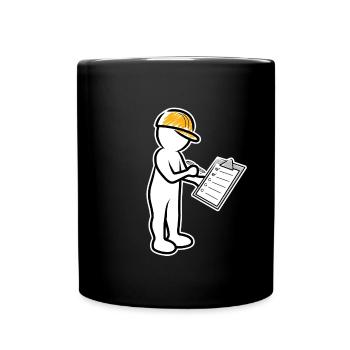 Male with helmet and checklist at construction site - Full Colour Mug - black - Front