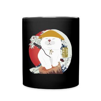 Samurai Cat sitting on the wood - Full Colour Mug - black - Front