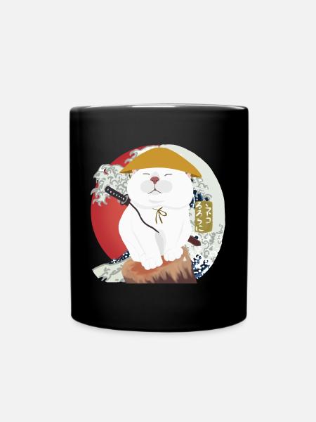 Samurai Cat sitting on the wood - Full Colour Mug - black