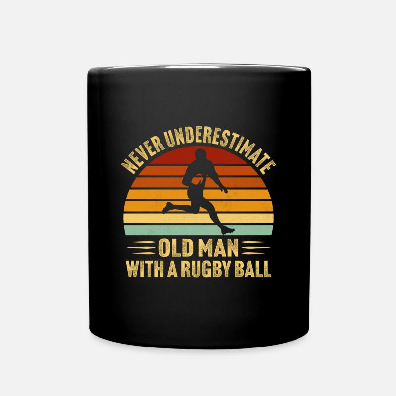 Never underestimate an old man with a rugby ball - Full Colour Mug - black