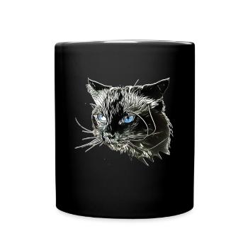 Katzenkopf mit blauen Augen – Monochrom - Tasse einfarbig - Schwarz - Vorne