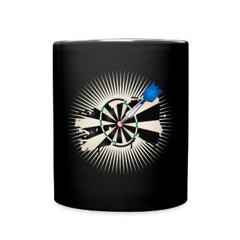 strahlende Dartscheibe mit blauen Dartpfeil - Tasse einfarbig - Schwarz - Vorne