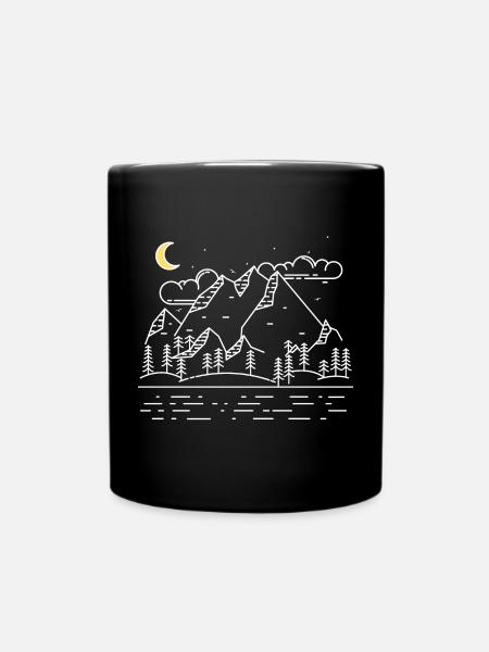 Line drawing of a landscape with mountains and wa - Full Colour Mug - black
