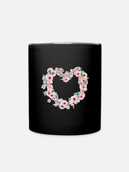 Blumen Herz - Tasse einfarbig - Schwarz