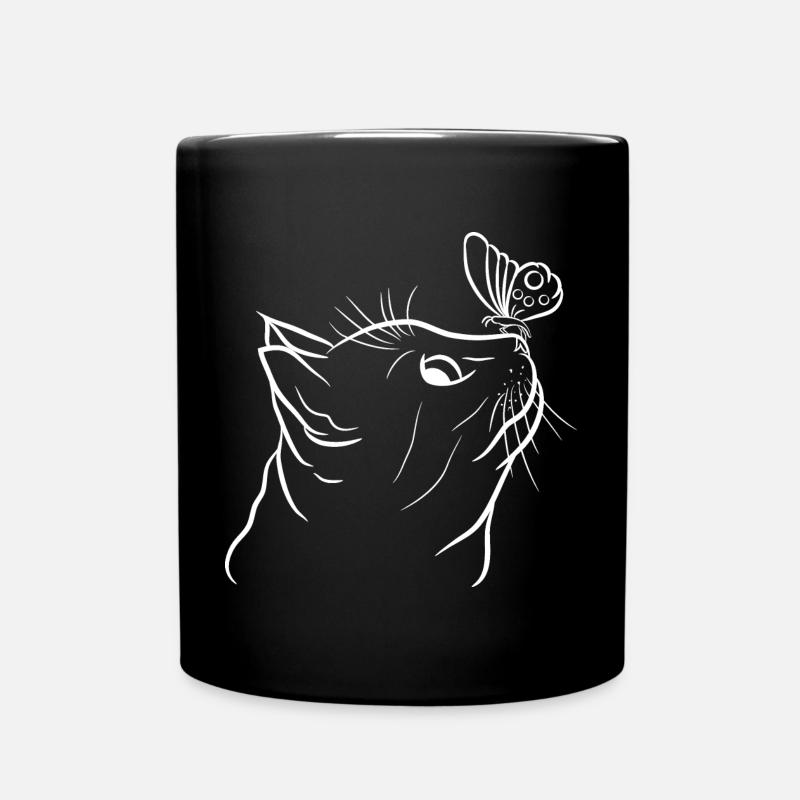Cat with Butterfly Cat Lover Kitten - Full Colour Mug - black