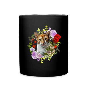 Katze lachend mit Rose für die Liebe - Tasse einfarbig - Schwarz - Vorne