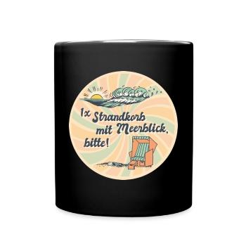 1x Strandkorb mit Meerblick, bitte Spruch Retro - Tasse einfarbig - Schwarz - Vorne