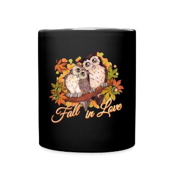 Fall in Love - Niedliche Eulen im Herbst Liebe - Tasse einfarbig - Schwarz - Vorne