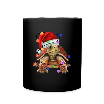 Turtle with Christmas hat and lights - Full Colour Mug - black - Front