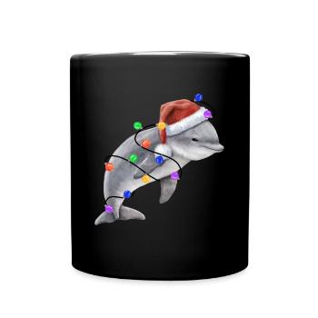 Dolphin with Christmas hat and lights - Full Colour Mug - black - Front